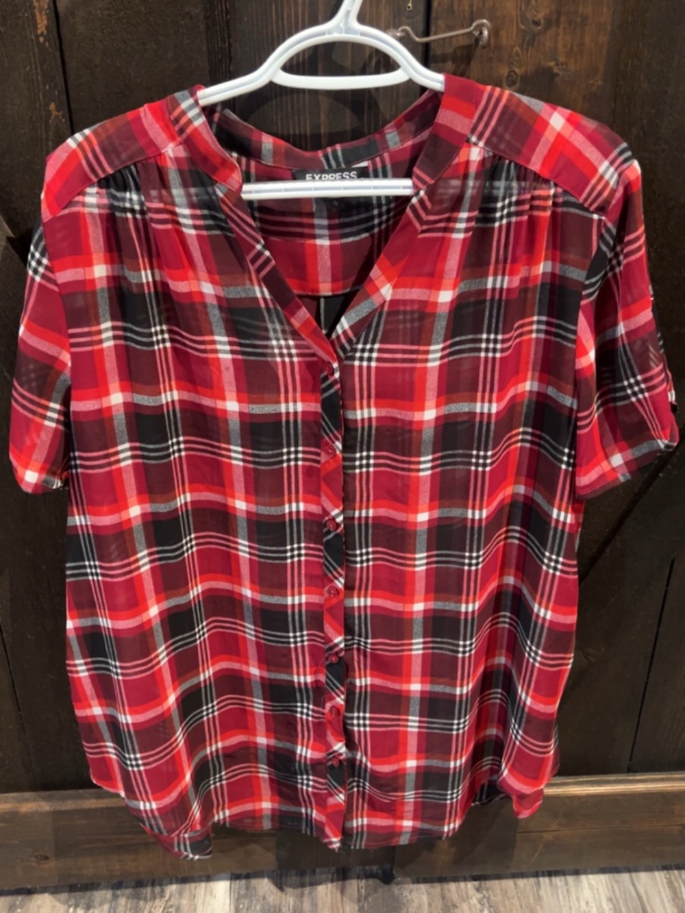 Express Red and Black Plaid Button-Front Women's Shirt